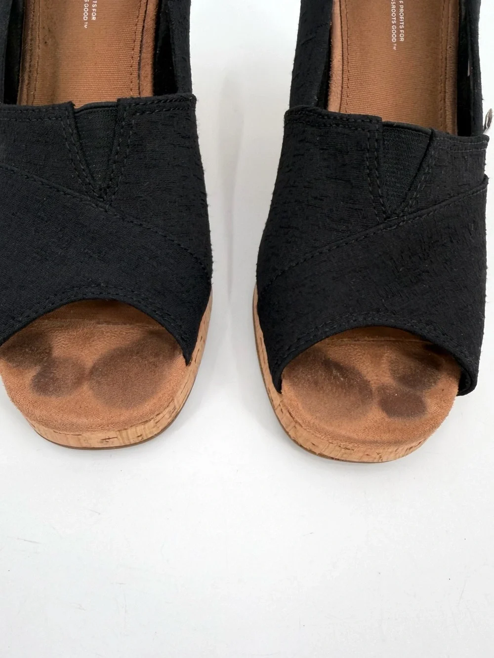 Toms Sandals Women’s 10M Black Classic Wedge Espadrille Cork Peep Toe Slip On
